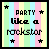 A 4-frame animated contact sheet showing a pixel art icon with striped background and text "PARTY like a rockstar" changing star colors across frames.