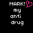 Black background with white pixelated text reading 'MARK! my anti drug' and a pink pixelated heart symbol above 'MARK!' on the left side.