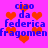 Pixelated icon with bright pink background, blue text reading 'ciao da federica fragomen', and scattered orange hearts in two repeated sections.