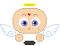 Pixelated angel icon with yellow halo, red third eye mark, and white wings in five distinct expressions on gray background.