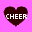 Four dark brown heart shapes on a bright pink background, each containing the word CHEER in white pixelated text.