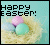 Pixelated static image with "Happy Easter!" text above a pink flower on a pastel background.