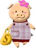 Pixelated pig avatar with pink flower, checkered dress, and yellow bag with 'S' symbol, standing against gray background.