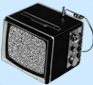 Two identical black box-shaped television sets with silver trim, displaying static on their screens against a light blue background.