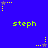 Blue background with green text 'steph' repeated across the image, surrounded by yellow and gray star-shaped pixel clusters.