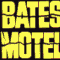 Animated sequence of a person with dark hair in a green shirt and a person with long dark hair in a white top, with yellow text reading 'BATES MOTEL' appearing and changing across frames.