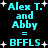 Pixelated cyan text on black background with white stars, showing 'Alex T. and Abby = BFFLS' repeated twice in a