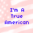 Pixelated blue text reading "I'm A True American" on a pink and white striped background with scattered white dots.