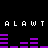 Pixelated text "ALAWT" repeated twice above and below purple bar graphs on a black background.