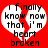 Red background with white heart split by red crack, black text reads 'i finally know now that i'm heart broken' in pixelated font.