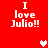 Red background with white pixelated text "I love Julio!!" repeated four times, two heart symbols in different positions across frames.