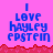 Pixelated text on pink background with red jagged border; blue letters spell 'I LOVE HAYLEY EPSTEIN' in stacked arrangement.