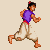 Pixel art character in purple vest and white pants running through four sequential poses across three