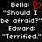 Black background with white pixelated text showing two identical chat exchanges between Bella and Edward, each with Bella's name followed by a red heart symbol.