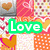 repeating heart and patterned with green 'Love' text overlays in a pixelated style