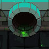 Pixel art of a dark circular object with green glowing elements inside, framed by a segmented teal and gray archway against a stone-like background.