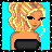 Pixel art contact sheet showing three frames of an animated AIM buddy icon featuring a cartoon woman with blonde hair, black top, and blue jeans against cyan background.
