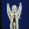 Animated sequence of a winged figure in white and red armor with blue background, showing multiple poses including full-body, close-ups, and action effects.