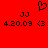 Red background with black pixelated text and symbols: two 'JJ' pairs, date stamps '4.20.09', angle brackets '<3', and a heart outline above center.