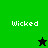 Green and black pixelated with four quadrants displaying the word "Wicked" and two star icons in different positions