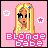 Pixel art of a blonde character with blue eyes and a blue star on her head, standing against a pink background with white and pink stars, text reads 'BLONDE BABE' in pink and white block letters.