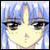 anime-style character expressions and poses with blue-purple hair, varying facial features, and a small purple symbol on the head