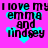 Pixelated text on a bright pink background with cyan hearts, repeating 'I love my emma and lindsey' in black block letters.