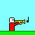 Pixel art animation shows red and blue figures interacting with a trumpet on a green platform against light blue background, with text "shut up!!!" visible.