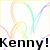 Pixelated rainbow-colored abstract swirls form a stylized shape above bold black text reading 'Kenny!' on white background.