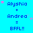 Pixelated blue background with repeated text 'Alyshia + Andrea = BFFL!!' and scattered pink/purple stars, showing animation changes in star positions across frames.