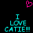 A pixelated image with a pink heart symbol above cyan text reading "I LOVE CATIE!!!" on a black background.