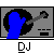 Pixelated animation of a blue DJ figure with white face and black headphones, manipulating turntables under string lights labeled 'DJ' on gray background.