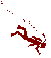 Red pixelated diver figures in various swimming poses with trailing bubble streams on a light gray background.