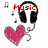 Pixelated icon with headphones, heart, and musical notes; text changes from 'Music' to '=' then to 'Love <3333'.