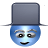 Blue spherical character with gray top hat, gray eyebrows, black eyes, and a smiling mouth, shown in two with mouth shape change