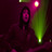 Pixelated image of a figure with long dark hair against a dark purple background, featuring a bright green vertical light beam and a pink circular light source.