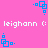 Pixelated blue square icons and white text on a pink background, with repeated patterns of 'leighann (:'.