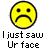 A yellow circular icon with a sad expression, black eyes and mouth, red text reading 'Instant Icons' on the right, and white text below saying 'I just saw Ur face'.