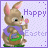 Pixelated cartoon bunny in purple vest and green shorts holding a pink egg with a basket, displayed across two frames of an animated contact sheet with "Happy Easter" text.