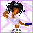 Pixel art contact sheet of four frames showing a cartoon character with dark skin and curly hair in various poses, accompanied by text phrases on purple starry backgrounds.