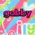 Pixelated icon with pink, blue, and green striped background featuring white hearts and swirls; text elements include 'gabby', 'xavier', 'a.&.f' with a heart symbol.