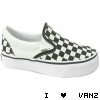 A contact sheet of 12 animated frames showing a black-and-white checkered slip-on shoe with white sole and gray interior, each frame displaying "I ❤️ VANZ" text below the shoe.