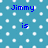 Blue pixelated text on a light blue background with white polka dots, stating "Jimmy the is best imaginary friend ever!" in a static layout.