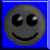 Two pixelated smiley face icons side-by-side on a blue background, one dark gray and one bright yellow with identical facial features.