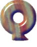 A circular, glossy object with a central hole and a small base, featuring blended hues of brown, green, blue, and red against a light gray background.