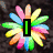 A colorful flower-like shape with a black vertical bar and green inner rectangle on dark background, next to 'Love' text over heart and explosion pattern.