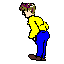Pixelated character in yellow shirt and blue pants bends forward, head turns left to right across frames while one frame shows red-and-white checkered pattern on back.