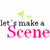 Pixelated graphic with gray text 'let's make a' above large pink 'Scene' text, two green heart shapes floating above the top-right of the phrase.
