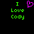 Green pixelated text 'I Love Cody' appears twice on a black background with a pink heart symbol between the two text blocks.