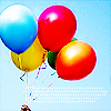 Four colorful balloons float against a light blue background with visible strings and a small dark object at the bottom.